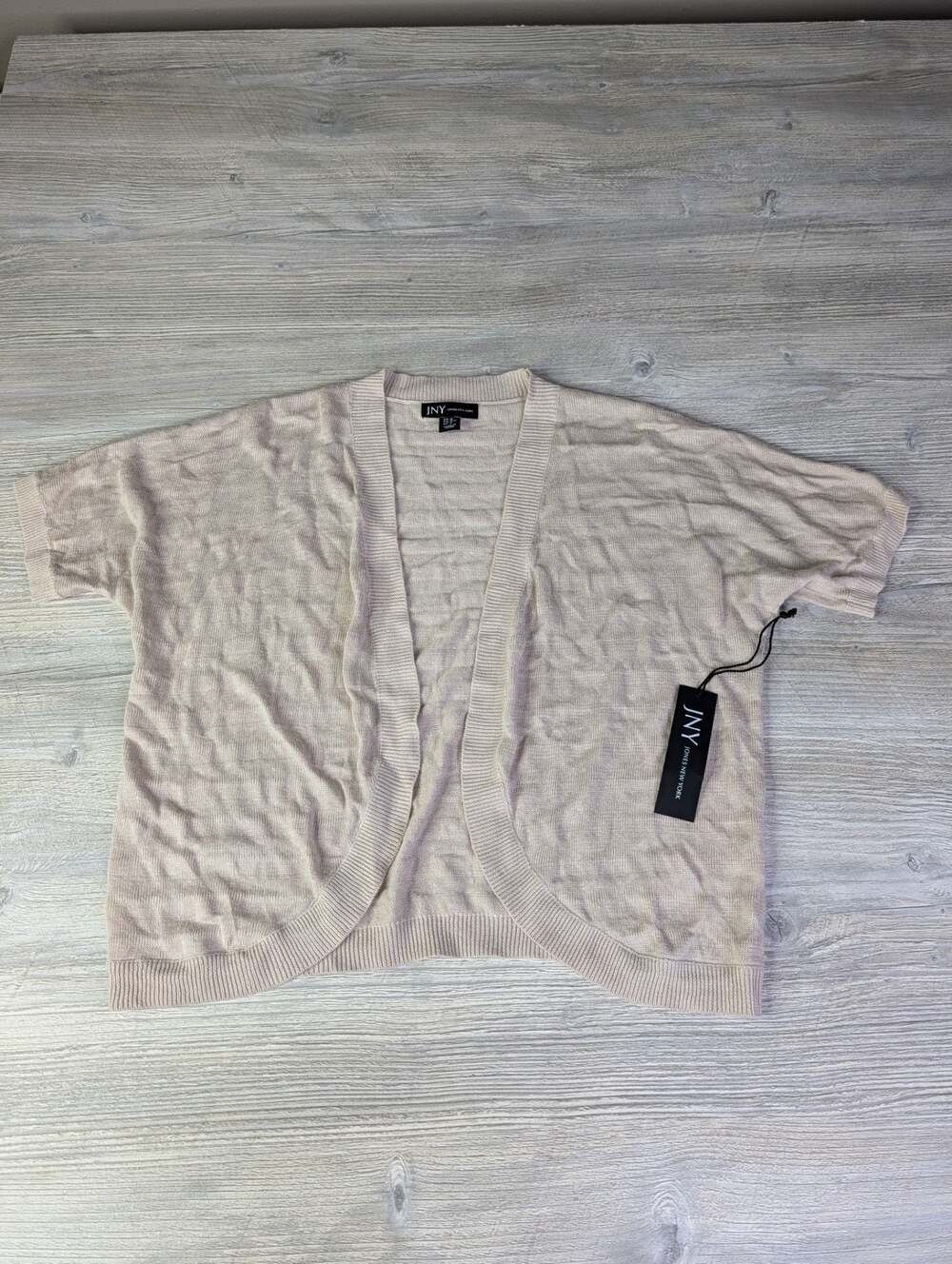 JNY Jones New York Short Sleeve Open-Front Knit Cardigan Beige